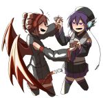  2girls ^_^ ahoge beret black_hat black_shirt black_skirt black_thighhighs blush cable closed_eyes cropped_legs detached_sleeves drill_hair facing_another grey_vest hat hato_no_mune_wo_momitai headgear headphones headset holding_hands interlocked_fingers kasane_teto looking_at_another microphone multiple_girls necktie notice_lines open_mouth purple_eyes purple_hair purple_necktie raised_eyebrows red_hair shirt short_hair sideways_mouth simple_background skirt sleeveless sleeveless_shirt smile thighhighs twin_drills utane_uta utau vest white_background wings 