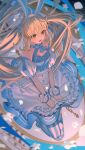  1girl absurdres ahoge animal_ears argyle_clothes argyle_legwear artoria_caster_(fate) artoria_caster_(swimsuit)_(fate) artoria_caster_(swimsuit)_(second_ascension)_(fate) artoria_pendragon_(fate) bare_shoulders blonde_hair blue_dress blue_thighhighs blush breasts dress fake_animal_ears fate/grand_order fate_(series) green_eyes hairband highres light_(nightty45) long_hair open_mouth puffy_short_sleeves puffy_sleeves rabbit_ears short_sleeves skirt small_breasts striped_clothes striped_thighhighs thighhighs thighs twintails white_skirt 