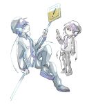  1girl beret black_hat black_pants black_shirt boots crossed_legs full_body hat hato_no_mune_wo_momitai headgear holding holding_sign long_sleeves looking_up multiple_views necktie pants purple_hair purple_necktie shirt short_hair sign utane_uta utau vest white_background white_vest 