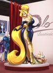 anthro armadillo armwear blonde_hair blue_eyes breasts cleavage clothed clothing dress elbow_gloves eyeshadow female footwear gloves hair handwear hi_res high_heels lipstick makeup mammal pink_eyeshadow red_lipstick shoes solo tail tailor thick_thighs toughset unknown_species wide_hips xenarthran yellow_tail
