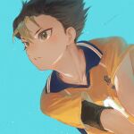  1boy arms_out_of_frame blue_background brown_eyes brown_hair collarbone collared_shirt compression_sleeve dutch_angle haikyuu!! hair_slicked_back karasuno_volleyball_uniform looking_ahead male_focus multicolored_clothes multicolored_hair multicolored_shirt nishinoya_yuu parted_lips sandwich_(3meiji) shirt short_sleeves solo streaked_hair twitter_username upper_body 