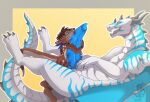 albeon anthro between_legs big_penis blue_eyes blue_nose blue_penis blue_stripes blue_tongue brown_body brown_fur claws digitigrade dragon duo entwined_tails european_mythology fangs feral forked_tongue fur genitals green_eyes hi_res horn hug hugging_another hugging_penis intersex intersex/male kangaroo kerchief licking looking_at_another looking_at_partner lying macropod male maleherm mammal markings marsupial membrane_(anatomy) membranous_wings mythological_creature mythological_scalie mythology neckerchief omez on_back oral penetration penile penis penis_lick pussy ridged_penis scales scalie sex size_difference small_top_big_bottom speckled_fur spines spots spotted_body straddling_tail stripes tail tail_coil teeth tongue tongue_out vaginal vaginal_penetration valeroo western_dragon white_body white_scales wings