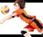  1boy ball brown_hair compression_sleeve feet_out_of_frame flying_sweatdrops haikyuu!! letterboxed looking_at_object male_focus midriff_peek multicolored_clothes multicolored_hair multicolored_shirt multicolored_shorts nishinoya_yuu open_mouth outside_border outstretched_arms playing_sports profile shirt short_sleeves shorts sideburns solo spiked_hair sportswear streaked_hair sweat sweatdrop teeth upper_teeth_only volleyball volleyball_(object) volleyball_uniform white_background yashiro_(daeki) 