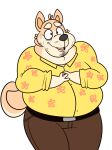 2018 4_fingers anthro beastofeuthanasia belly belt belt_buckle bent_arm black_belt black_eyes black_nose bottomwear brown_bottomwear brown_clothing brown_pants buckle button_(fastener) canid canine canis cheek_tuft chubby_cheeks clothing colored digital_drawing_(artwork) digital_media_(artwork) domestic_dog double_chin dress_shirt eyebrows facial_tuft fingers front_view fur hands_together hi_res juha_(beastofeuthanasia) male mammal mature_anthro mature_male nervous nervous_smile nervous_sweat overweight overweight_anthro overweight_male pants pink_tongue shiba_inu shirt simple_background solo spitz tail tan_body tan_eyebrows tan_fur tan_tail thick_eyebrows tongue topwear tuft white_background yellow_dress_shirt