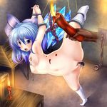  bdsm blue_eyes bondage bound breasts candle cirno dildo highres monikano multicolored_hair nude pussy spread_legs touhou uncensored wax wooden_horse 