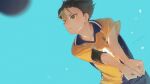  1boy arms_up ball blue_background brown_hair collarbone collared_shirt compression_shirt cowboy_shot haikyuu!! karasuno_volleyball_uniform looking_at_object male_focus multicolored_clothes multicolored_hair multicolored_shirt nishinoya_yuu open_collar own_hands_together parted_lips sandwich_(3meiji) shirt short_hair short_sleeves solo sportswear streaked_hair twitter_username volleyball_(object) yellow_eyes 