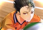  1boy ball brown_hair closed_mouth collared_shirt haikyuu!! hair_slicked_back kanameyura karasuno_volleyball_uniform looking_at_object male_focus multicolored_hair nishinoya_yuu orange_shirt red_eyes serious shirt short_sleeves solo sportswear streaked_hair upper_body volleyball_(object) volleyball_uniform wooden_floor 