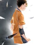  1boy brown_hair closed_mouth compression_sleeve cropped_legs curled_fingers falling_feathers feathers haikyuu!! highres karasuno_volleyball_uniform looking_ahead male_focus multicolored_clothes multicolored_hair nishinoya_yuu profile sangt short_sleeves shorts smile solo spiked_hair sportswear streaked_hair volleyball_uniform 