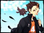  1boy animal bird black_bird black_border black_feathers black_jacket border brown_hair chick cloud cloudy_sky collared_jacket falling_feathers feathers flying_sweatdrops food food_in_mouth haikyuu!! high_collar holding holding_food holding_ice_cream ice_cream jacket jersey karasuno_volleyball_uniform krnk-mr looking_at_viewer male_focus multicolored_hair nishinoya_yuu notice_lines open_clothes open_jacket orange_shirt shirt sky solo spiked_hair sportswear streaked_hair sweatdrop unzipped upper_body volleyball_uniform white_eyes yellow_eyes zipper 