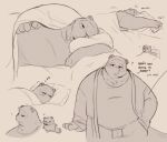 2024 animal_crossing anthro bedding blanket canid canine clothing english_text groggy hi_res krunnnnnch line_art male mammal nintendo overweight overweight_male pajamas pillow question_mark raccoon_dog robe simple_background sleeping solo sound_effects talking_to_viewer tanuki text tired tom_nook_(animal_crossing) vowelless vowelless_sound_effect zzz