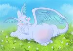 2024 3_fingers belly bent_arm big_belly black_kitty blue_body blue_eyes blue_feathers blue_sky blue_tail_tuft blush cheek_tuft chest_tuft claws cloud colored day digital_drawing_(artwork) digital_media_(artwork) eyelashes facial_tuft fan_character feathered_wings feathers featureless_feet feet female female_feral feral finger_claws fingers flower fur grass head_wings hi_res junia long_tail lying no_pupils on_side outside pal_(species) palworld plant pocketpair pregnant pregnant_female pregnant_feral quivern shaded sky smile snowdrop_(flower) solo tail tail_tuft toothy_grin tuft white_body white_claws white_flower white_fur white_tail wings
