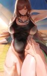  1boy 1girl absurdres bare_shoulders black_choker black_one-piece_swimsuit blush breasts brown_hair cameltoe choker collarbone commentary dated_commentary goddess_of_victory:_nikke goggles goggles_around_neck hand_in_own_hair highleg highleg_one-piece_swimsuit highres large_breasts long_hair looking_at_viewer official_alternate_costume one-piece_swimsuit parted_lips pov rapi_(classic_vacation)_(nikke) rapi_(nikke) red_eyes rororo swim_goggles swimsuit thighs 