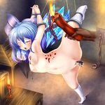  1girl bdsm blue_eyes bondage bound breasts candle cirno dildo highres monikano multicolored_hair nude pussy spread_legs touhou uncensored wax wooden_horse 