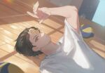  absurdres arm_up ball brown_hair crew_neck haikyuu!! highres index_finger_raised indoors light_particles looking_to_the_side lying multicolored_hair nishinoya_yuu on_back orange_eyes parted_lips sandwich_(3meiji) shirt short_hair signature streaked_hair t-shirt upper_body volleyball_(object) white_shirt wooden_floor 