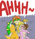  anthro bowser breasts chubby doncorneo double_penetration female fist_bump fucked_silly group human human_on_anthro interspecies koopa male mammal mario mario_bros nintendo penetration princess princess_peach royalty sandwich_position scalie sex smb standing super_mario_bros. vaginal video_games 