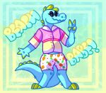 2017 abstract_background anthro barefoot blue_body blue_scales blush blush_lines bottomwear bubble_letters button-down_shirt cel_shading claws clothing collared_shirt crocodile crocodilian crocodylid digital_drawing_(artwork) digital_media_(artwork) digitigrade english_text eyelashes eyes_closed feet full-length_portrait jaspering male pattern_bottomwear pattern_clothing pattern_shorts pineapple_pattern pink_blush portrait reptile scales scalie shaded shorts smile snout solo standing tail text yellow_claws