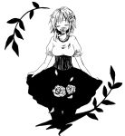  1girl anzu_(o6v6o) bangs breasts eyes_closed facing_viewer flower flower_in_mouth greyscale gumi hair_flower hair_ornament high-waist_skirt jewelry medium_breasts monochrome mouth_hold necklace pantyhose petals short_hair_with_long_locks short_sleeves skirt skirt_basket skirt_hold solo underbust vocaloid 