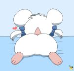 accessory artist_logo bed bijou_(hamtaro) blue_bow bow_ribbon butt cricetid female female_feral feral fur furniture hair_accessory hair_bow hair_ribbon hamster hamtaro_(series) heart_symbol logo lying mammal on_bed on_front pichu90 ribbons rodent short_tail solo tail white_body white_fur