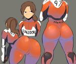  1girl ass biker_clothes bodysuit breasts brown_hair claire_redfield gloves gun handgun holding holding_gun holding_weapon long_hair looking_at_viewer pinkbitchy ponytail resident_evil resident_evil_2 resident_evil_2_(remake) solo weapon 