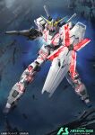  beam_rifle commentary_request debris energy energy_gun glowing gundam gundam_arsenal_base gundam_unicorn logo machinery mecha mecha_focus mobile_suit no_humans official_art realistic robot ruins science_fiction shield space star_(sky) tomo_(machinemess) unicorn_gundam v-fin weapon 