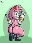 amy_rose anthro breasts butt clothed clothing crouching eulipotyphlan female footwear fours_(artist) gloves green_eyes handwear hedgehog heels_only hi_res high_heels looking_at_viewer looking_back looking_back_at_viewer mammal mostly_nude panties panties_only pink_body sega shoes smile solo sonic_the_hedgehog_(series) topless underwear underwear_only wristband
