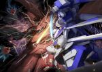  battle beam_rifle beam_saber char&#039;s_counterattack char&#039;s_counterattack_-_beltorchika&#039;s_children duel energy energy_gun funnels_(gundam) glowing gundam hi-nu_gundam highres machinery mecha mecha_focus mobile_armor mobile_suit nebula neo_zeon nightingale_(gundam) no_humans robot science_fiction space star_(sky) title user_dfcp2845 weapon 
