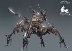  1girl absurdres arm_cannon armored_core armored_core_6 blonde_hair braid breasts closed_mouth commentary_request cookie_(touhou) copyright_name d_tomoki dual_arm_cannons extra_legs full_body grey_background hat highres holding holding_weapon kirisame_marisa long_hair looking_at_viewer mecha_musume mechanization medium_breasts rocket_launcher side_braid single_braid smile solo standing touhou uzuki_(cookie) weapon yellow_eyes 