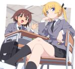  2girls :d black_bag black_necktie black_ribbon black_skirt black_socks blonde_hair blue_eyes blurry blurry_background blush_stickers brown_eyes brown_hair chair crossed_legs desk elbow_rest from_below grey_jacket hair_ribbon hand_up head_rest highres indoors jacket kill_me_baby lapels legs long_hair long_sleeves looking_at_viewer miniskirt multiple_girls necktie notched_lapels on_chair oribe_yasuna pleated_skirt ribbon school school_desk school_uniform shoes short_hair sitting skirt smile socks sonya_(kill_me_baby) twintails v-shaped_eyebrows white_background white_footwear yachima_tana 