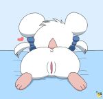 accessory artist_logo bed bijou_(hamtaro) blue_bow bow_ribbon butt cricetid female female_feral feral fur furniture genitals hair_accessory hair_bow hair_ribbon hamster hamtaro_(series) heart_symbol logo lying mammal on_bed on_front pichu90 pussy ribbons rodent short_tail solo tail white_body white_fur