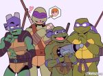  4boys absurdres april_o&#039;neil bo_staff colored_skin crossover donatello_(tmnt) dual_persona gun highres holding holding_gun holding_weapon mask multiple_boys natsz_(natszzzzz) ninja reptile_boy rise_of_the_teenage_mutant_ninja_turtles smile staff teenage_mutant_ninja_turtles teenage_mutant_ninja_turtles_(2003) teenage_mutant_ninja_turtles_(2012) teenage_mutant_ninja_turtles_(80s) teeth turtle weapon 
