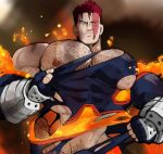  1boy aqua_eyes bara beard_stubble blue_gloves boku_no_hero_academia burn_scar chest_hair closed_mouth commentary cropped endeavor_(boku_no_hero_academia) english_commentary erection facial_hair fingerless_gloves fire gloves highres huge_pectorals idoraad large_pectorals male_focus male_pubic_hair muscular muscular_male mustache_stubble nipples paid_reward_available pectorals penis pubic_hair red_hair scar short_hair sideburns_stubble solo stubble tearing_clothes torn_clothes v-shaped_eyebrows 