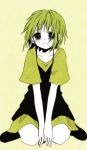  1girl anzu_(o6v6o) between_legs blush clenched_teeth collarbone crying dress green green_hair gumi hand_between_legs looking_at_viewer shoes short_hair short_sleeves simple_background sitting solo tears teeth vocaloid yellow_background 