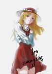  1girl black_ribbon blonde_hair brown_eyes brown_hat brown_skirt brown_vest collared_shirt cowboy_shot cross dolls_in_pseudo_paradise flat_chest frilled_hat frills hat hat_feather holding holding_cross jacket_girl_(dipp) jsnttzzj long_hair long_sleeves neck_ribbon parted_bangs puffy_sleeves ribbon shirt signature simple_background skirt skirt_set solo thighs touhou vest white_background white_shirt 