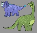 2024 2_horns 3_toes ambiguous_gender beastofeuthanasia blue_body blue_eyes blue_horn blue_markings blue_scales blue_spines blue_tail_tuft ceratopsian digital_drawing_(artwork) digital_media_(artwork) dinosaur duo feet feral flat_colors green_body green_markings green_scales green_tail grey_background half-closed_eyes horn long_neck long_tail looking_back markings mouth_closed narrowed_eyes ornithischian patagotitan prehistoric_species quadruped reptile scale_markings scales scalie simple_background spines spiral_markings standing tail tail_tuft toes triceratops tuft