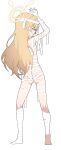  1girl absurdres arms_up ass bandaged_arm bandaged_head bandaged_leg bandages blonde_hair blue_archive from_behind full_body halo highres interlocked_fingers long_hair naked_bandage parted_lips s10021 simple_background solo standing white_background yellow_halo yoshimi_(blue_archive) yoshimi_(halloween)_(blue_archive) 