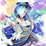  1girl :d absurdres ace_(playing_card) ace_of_spades artist_name balloon bare_shoulders bead_bracelet beads between_fingers bird black_flower black_rose blue_bow blue_dress blue_eyes blue_hair blue_nails blue_sky bow bracelet breasts card cleavage cleavage_cutout clothing_cutout cloud commission copyright_name dress eye_mask eyelashes flower genshin_impact hair_between_eyes hair_bow hair_flower hair_ornament highres holding holding_balloon holding_card jewelry logo long_hair looking_at_viewer low_drills medium_breasts motion_blur one_eye_covered original outstretched_hand playing_card rose sky sleeveless sleeveless_dress smile solo spade_(shape) teeth too_many_balloons upper_body upper_teeth_only watermark white_bird white_mask youzha_ligui 
