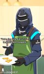  1other ambiguous_gender apron arknights artist_name black_gloves brand_name_imitation chicken_nuggets dated doctor_(arknights) english_text gloves green_apron holding holding_plate hood looking_at_viewer mochusama1 plate tiktok 