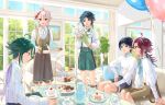  5boys ahoge aqua_eyes aqua_hair black_hair black_shorts blue_eyes braid brown_pants brown_shorts cake closed_mouth couch cup flower food genshin_impact glass gradient_hair green_hair green_shorts hair_between_eyes highres holding holding_flower kaedehara_kazuha long_hair long_sleeves looking_at_viewer macaron male_focus multicolored_hair multiple_boys open_mouth pants plate ponytail red_eyes red_hair scaramouche_(genshin_impact) shikanoin_heizou shirt shorts sitting smile streaked_hair suya_(suya_ny) teapot twin_braids venti_(genshin_impact) vest white_hair white_shirt xiao_(genshin_impact) yellow_eyes yellow_vest 