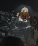  1girl armored_core armored_core_6 blonde_hair breasts collarbone commentary dark eien_project english_commentary glowing glowing_eyes hair_between_eyes highres indoors lao_ren_xing large_breasts long_hair parted_lips red_eyes skye_shinryu solo under_covers 