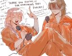  2boys ^_^ androgynous blonde_hair braid chinese_commentary claws closed_eyes commentary_request dream_(youtuber) dream_smp earrings english_text highres holding holding_microphone humanization jewelry jumpsuit long_hair lumwunnie male_focus microphone minecraft_youtube multiple_boys no_eyes official_alternate_costume orange_jumpsuit pink_hair pointy_ears prison_clothes simple_background single_braid technoblade white_background 