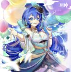 1girl :d absurdres ace_(playing_card) ace_of_spades artist_name balloon bare_shoulders bead_bracelet beads between_fingers bird black_flower black_rose blue_bow blue_dress blue_eyes blue_hair blue_nails blue_sky bow bracelet breasts card cleavage cleavage_cutout clothing_cutout cloud commission copyright_name dress eyelashes flower genshin_impact hair_between_eyes hair_bow hair_flower hair_ornament highres holding holding_balloon holding_card jewelry logo long_hair looking_at_viewer low_drills medium_breasts motion_blur original outstretched_hand playing_card rose sky sleeveless sleeveless_dress smile solo spade_(shape) teeth too_many_balloons upper_body upper_teeth_only watermark white_bird youzha_ligui 