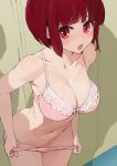  1girl absurdres arima_kana blush bob_cut bow bow_bra bra breasts cleavage collarbone commentary_request highres large_breasts looking_at_viewer open_mouth oshi_no_ko panties panty_pull pink_bra pink_panties pomerachi red_eyes red_hair short_hair solo standing tongue underwear underwear_only undressing 