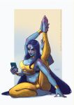  1girl barefoot big_hair black_lips blue_hair blue_skin border bracer breasts cameltoe character_request cleavage colored_skin commentary dimple english_commentary extra_arms fingernails flexible full_body gold_bracer gold_choker gradient_background highres hindu_mythology holding holding_own_leg holding_phone khiara large_breasts leg_up long_hair nail_polish navel nose_piercing nose_ring outside_border pants phone piercing red_eyes red_nails sharp_fingernails sideboob soles solo sports_bra third_eye toenail_polish toenails toes very_long_hair white_border wide_hips yellow_pants yellow_sports_bra yoga yoga_pants 