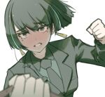  1girl allmind_(armored_core_6) armored_core armored_core_6 black_hair black_jacket black_necktie black_shirt breast_pocket breasts clenched_hands clenched_teeth clothes_grab collar_grab collared_shirt commentary_request dress_shirt earrings grey_eyes incoming_attack incoming_punch jacket jewelry lao_ren_xing looking_at_viewer medium_breasts mole mole_under_each_eye mole_under_eye multiple_moles necktie neckwear_grab pocket pov punching sanpaku shirt short_hair simple_background solo_focus teeth upper_body white_background 