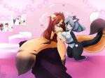  2_tails anthro bedroom breasts brown_hair canid canine covering covering_mouth duo entwined_tails eyewear facial_markings featureless_breasts felid female female/female fennec_fox fingering fox glasses green_horn hair head_markings heart_symbol hi_res horn kitt_(saltypeachies) long_hair long_tail mammal markings multi_tail nude saltypeachies short_hair silver_hair tail tail_coil true_fox vaginal vaginal_fingering vixira_(syrup-taifh) 