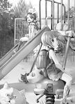  ^_^ absurdres cat closed_eyes greyscale highres monochrome multiple_girls original playground rojiko sitting slide spring_rider 