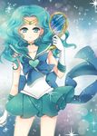  back_bow bishoujo_senshi_sailor_moon bow ceru choker deep_aqua_mirror gloves green_eyes green_hair heart highres kaiou_michiru long_hair magical_girl mirror pleated_skirt ribbon sailor_collar sailor_neptune sailor_senshi_uniform skirt smile solo sparkle star star_choker super_sailor_neptune tiara white_gloves 