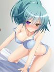  ass bad_id bad_pixiv_id blue_hair blush bra breasts cleavage hanging_breasts heterochromia large_breasts lingerie off_shoulder original panties ponytail rebecca_arcane solo strap_slip suterii underwear underwear_only 