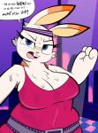 absurd_res angry anthro belt big_breasts bodily_fluids breasts bunny_(zoobe) clothed clothing dancing dialogue digital_media_(artwork) exercise exercise_clothing female fur generation_8_pokemon hi_res lagomorph looking_at_viewer mammal nintendo open_mouth overweight overweight_female pokemon pokemon_(species) scorbunny sebaku simple_background solo sweat sweatband sweating_profusely teeth text unitard white_body white_fur workout zoobe