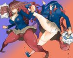  ass bad_id bad_pixiv_id battle bear bird blocking blue_eyes blue_hair breasts brown_eyes brown_hair catfight chibi chibi_inset cleavage crotch_seam curly_hair duel fangs highres hips huge_breasts kicking long_hair matsuri_(teriyaki) multicolored_hair multiple_girls original panties panties_under_pantyhose pantyhose pantyshot penguin plump print_panties red_legwear red_scarf scarf school_uniform sharp_teeth skirt striped striped_panties teeth teriyaki thick_thighs thighhighs thighs two-tone_hair underwear wide_hips zura_(teriyaki) 